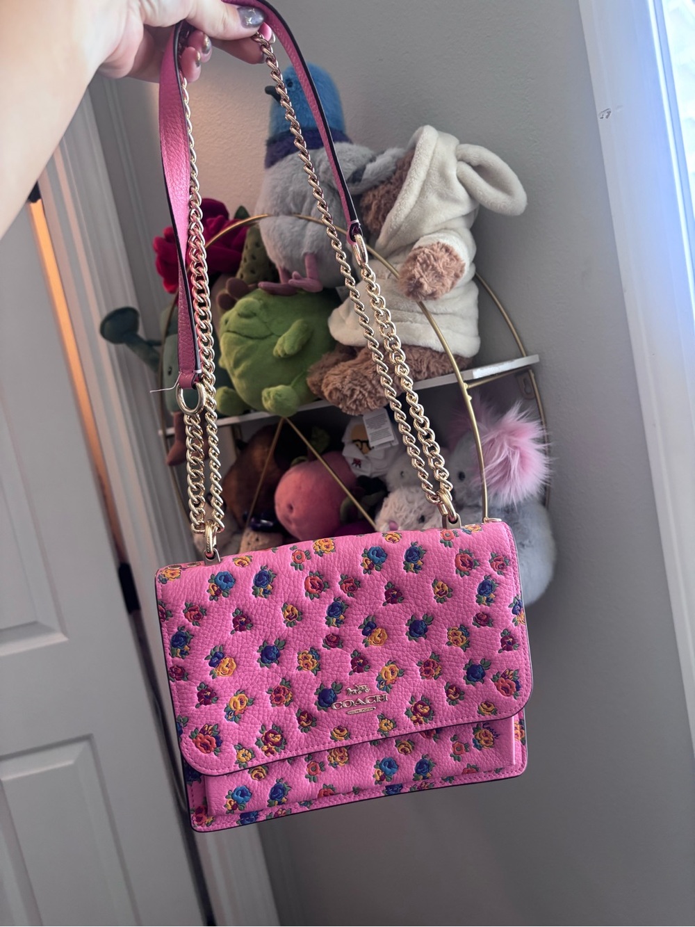 Coach Pink Floral Crossbody Bag with Gold Chain